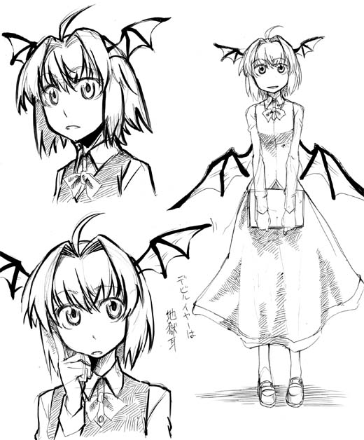 hikawa shou, koakuma, embodiment of scarlet devil, touhou, 1girl, ahoge, female focus, greyscale, head wings, low wings, monochrome, short hair, sketch, wings