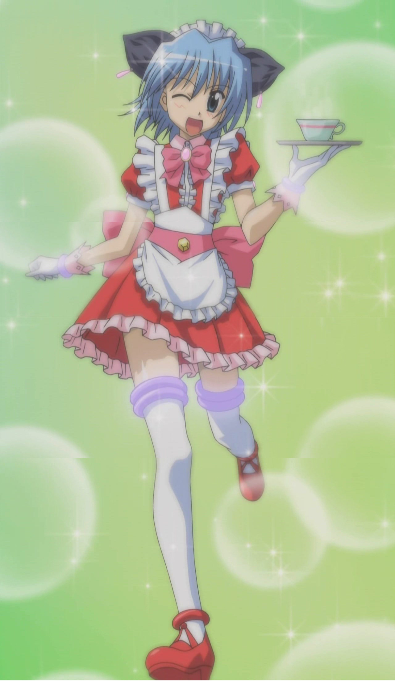 ayasaki hayate, hayate no gotoku!, anime screenshot, highres, 00s, 1boy, animal ears, crossdressing, crossdressing (mtf), gloves, maid, male focus, male maid, one eye closed, red shoes, shoes, solo, thighhighs, trap, white thighhighs, wink, zettai ryouiki