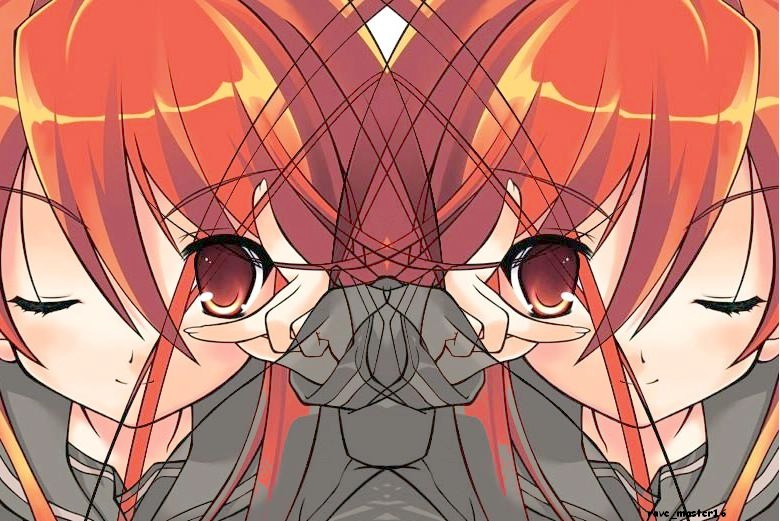 shana, shakugan no shana, 1girl, mikuru beam, parody, red hair, v