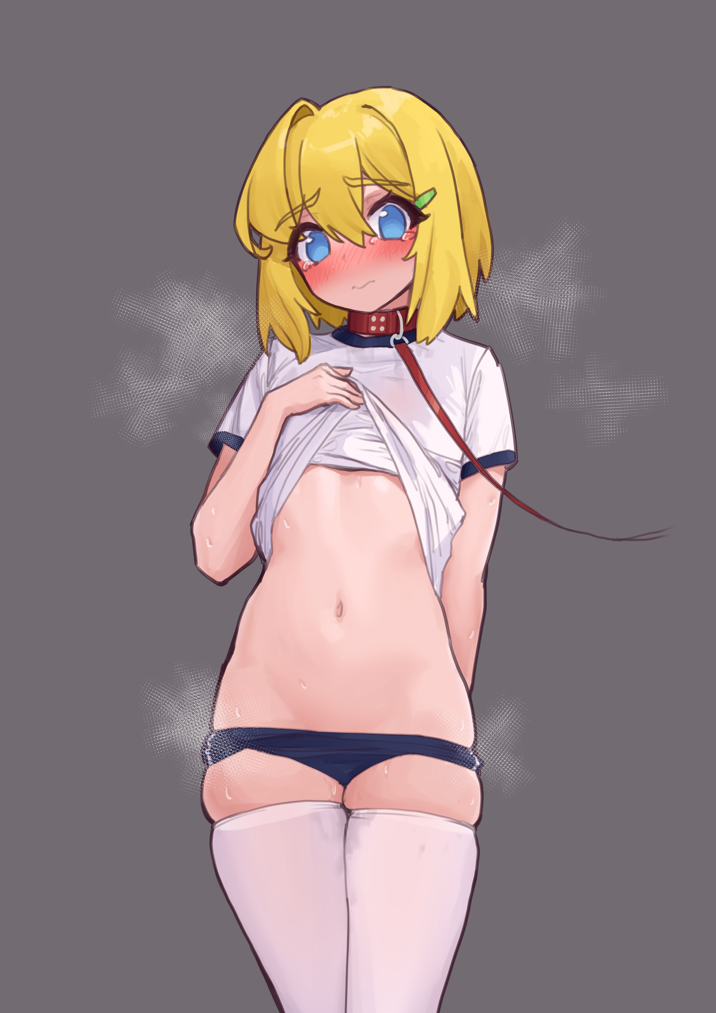 stank, original, absurdres, highres, 1girl, aqua eyes, blonde hair, blue buruma, blush, buruma, clothes lift, collar, gym shirt, navel, nose blush, raised eyebrows, red collar, red leash, shirt, shirt lift, short hair, simple background, steaming body, tearing up, thighhighs, white thighhighs