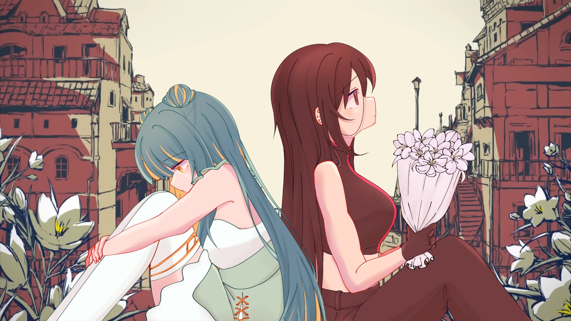yi xi (synthesizer v), synthesizer v, vimalion pro, highres, mixed-language commentary, 2girls, aqua hair, black eyes, black gloves, black hair, black pants, black shirt, bouquet, charles (vocaloid), colored inner hair, crop top, double bun, dress, earrings, feng yi (synthesizer v), flower, from side, gloves, hair bun, holding, holding bouquet, jewelry, long hair, looking down, looking up, midriff, multicolored hair, multiple girls, orange eyes, orange hair, pants, red trim, shirt, sig 61, sitting, streaked hair, thighhighs, white dress, white thighhighs