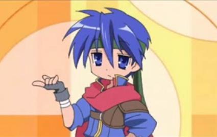 ike (fire emblem), fire emblem, fire emblem: path of radiance, lucky star, nintendo, super smash bros., lowres, 00s, 1boy, blue eyes, blue hair, cape, expressionless, fingerless gloves, gloves, headband, male focus, matching hair/eyes, solo