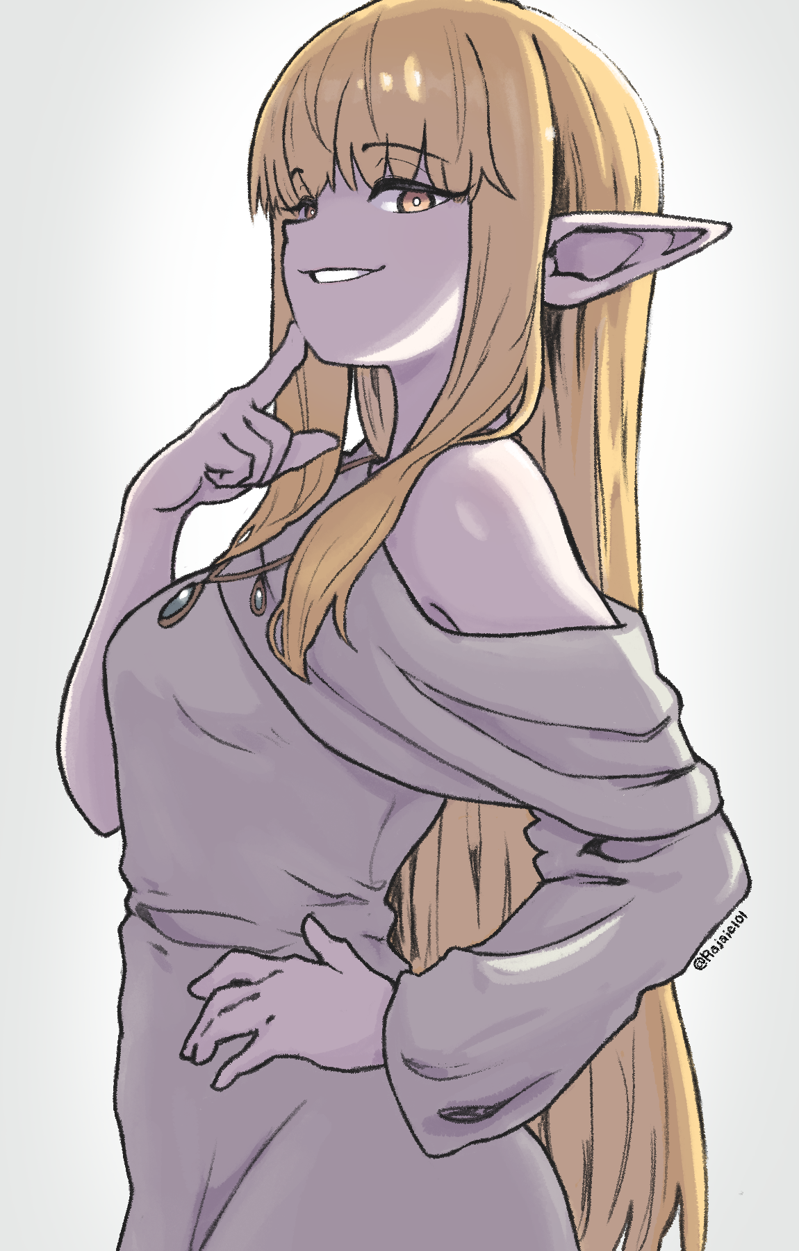 rajaie101, serie (sousou no frieren), sousou no frieren, highres, 1girl, blonde hair, clothing cutout, dress, elf, grey dress, hand on own hip, index finger raised, long hair, pointy ears, shoulder cutout, solo, very long hair, white background, yellow eyes