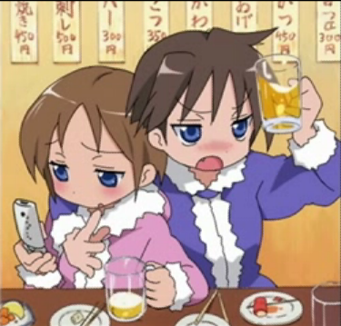 ice climbers, nana (ice climber), popo (ice climber), ice climber, lucky star, nintendo, super smash bros., lowres, 00s, 1boy, 1girl, alcohol, beer, blue eyes, blush, brown hair, cellphone, drunk, fang, food, indoors, open mouth, phone, short hair