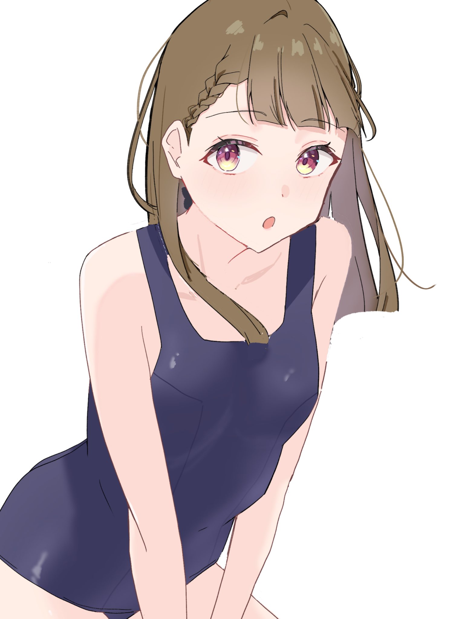potu sabu, kachimachi kosuzu, link! like! love live!, love live!, highres, 1girl, :o, alternate costume, bare shoulders, black bow, black one-piece swimsuit, bow, braid, breasts, brown hair, center-flap bangs, collarbone, cowboy shot, gradient eyes, hair bow, leaning forward, long hair, multicolored eyes, old school swimsuit, one-piece swimsuit, open mouth, pink eyes, school swimsuit, side braids, simple background, small breasts, solo, swimsuit, virtual youtuber, white background, yellow eyes