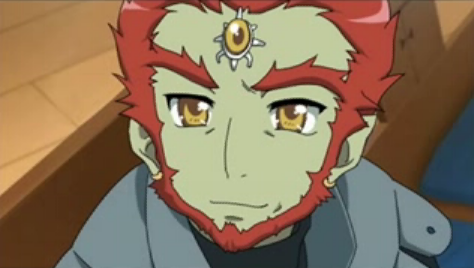 ganondorf, lucky star, nintendo, super smash bros., the legend of zelda, lowres, 00s, 1boy, colored skin, gerudo, green skin, male focus, red hair, solo, yellow eyes