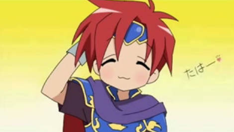 roy (fire emblem), fire emblem, fire emblem: the binding blade, lucky star, nintendo, super smash bros., lowres, 00s, 1boy, cape, closed eyes, hand in own hair, headband, male focus, red hair, smile, solo, text focus, wristband, yellow background