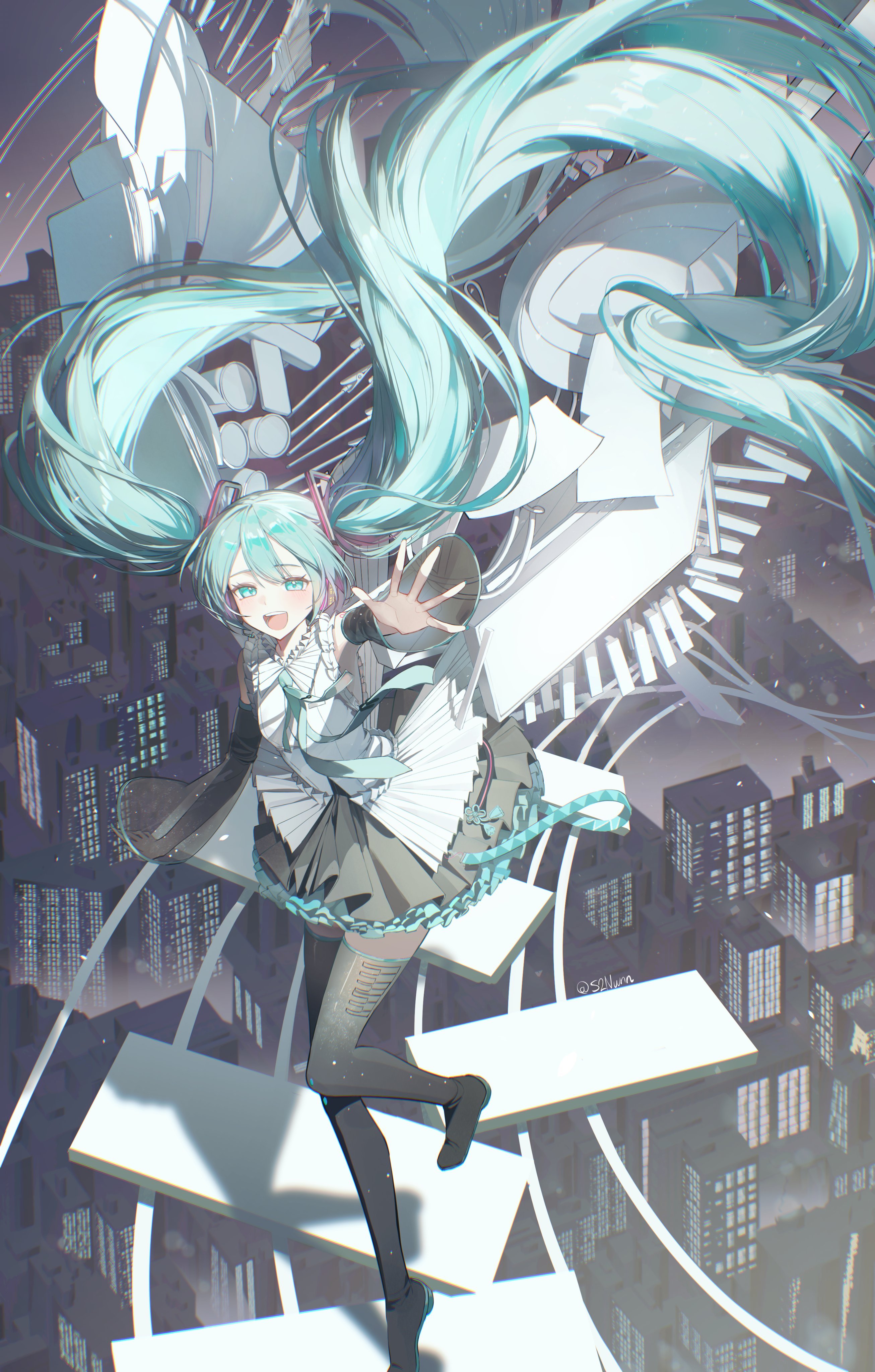 nun nu, hatsune miku, vocaloid, absurdres, highres, 1girl, :d, absurdly long hair, aqua eyes, aqua hair, black skirt, black sleeves, black thighhighs, boots, building, city, cityscape, collared shirt, detached sleeves, floating hair, frills, full body, hair between eyes, hair ornament, hatsune miku happy 16th birthday -dear creators-, long hair, long sleeves, looking at viewer, night, open mouth, outdoors, outstretched arm, pleated skirt, reaching, shirt, skirt, sky, skyscraper, sleeveless, sleeveless shirt, smile, solo, thigh boots, thighhighs, twintails, very long hair, white shirt, wide sleeves, zettai ryouiki