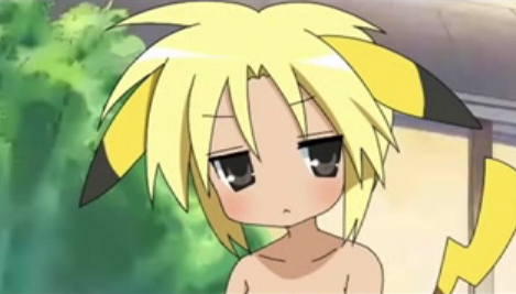 pikachu, lucky star, nintendo, pokemon, screencap, lowres, third-party edit, 1girl, black eyes, blonde hair, blush, crossover, female focus, gen 1 pokemon, parody, personification, pikachu tail, pokemon tail, solo, style parody, tail