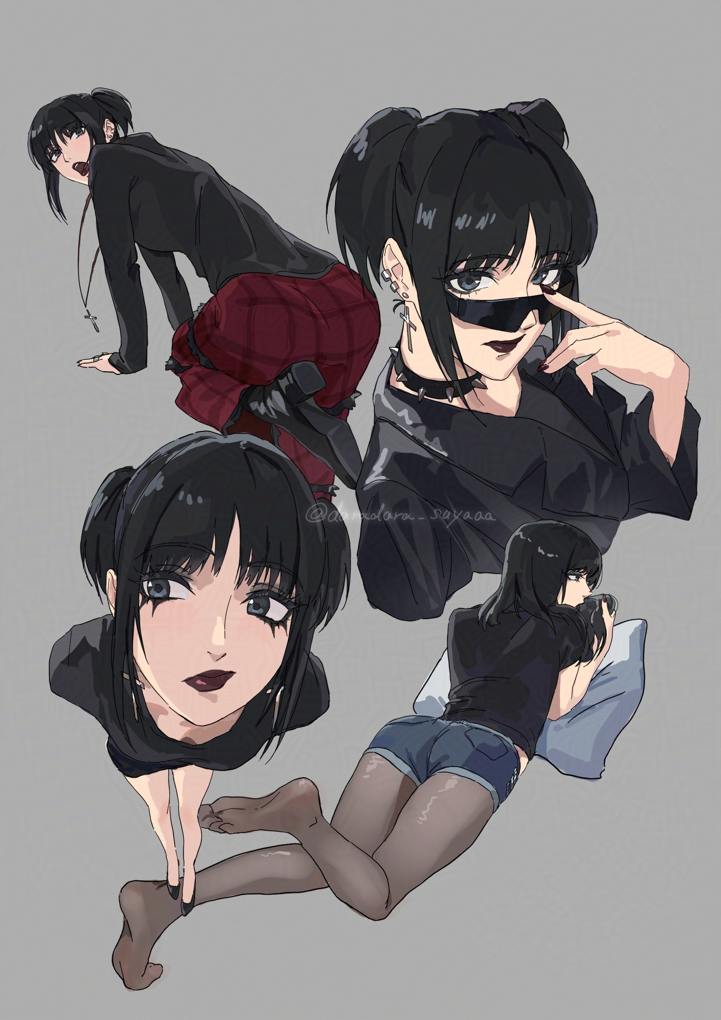 darao (daradara suyaaa), mikasa ackerman, shingeki no kyojin, commentary request, highres, 1girl, ass, black choker, black eyes, black hair, black lips, black shirt, blue shorts, choker, cross, cross necklace, goth fashion, grey background, grey pantyhose, jewelry, lips, lipstick, makeup, necklace, no shoes, official alternate costume, official alternate hairstyle, pantyhose, pillow, plaid clothes, plaid skirt, pocket, red skirt, shirt, short sleeves, shorts, simple background, skirt, spiked choker, spikes, sunglasses