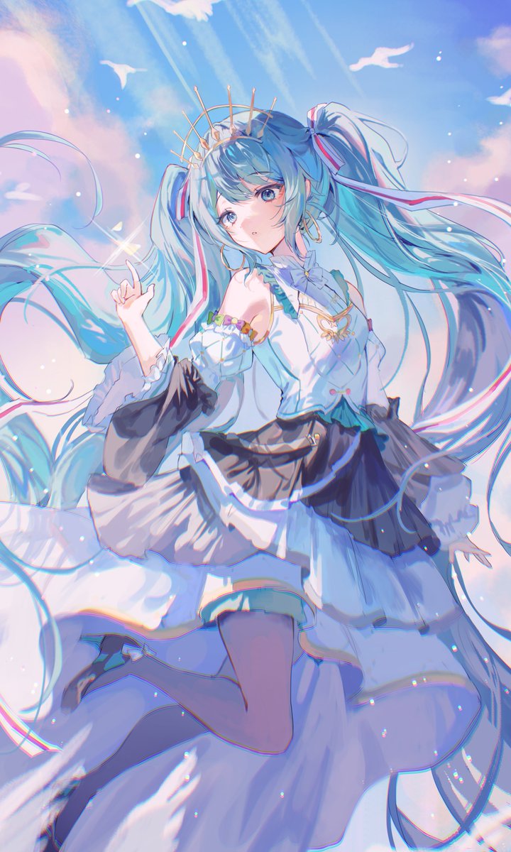 iblos1202, hatsune miku, project sekai, vocaloid, highres, 1girl, aqua eyes, aqua hair, bird, black sleeves, blue sky, chromatic aberration, cloud, cloudy sky, colorful festival (project sekai), crown, detached sleeves, earrings, hair ribbon, high heels, hoop earrings, jewelry, long hair, long skirt, mini crown, official alternate costume, ribbon, shirt, skirt, sky, solo, twintails, very long hair, white shirt