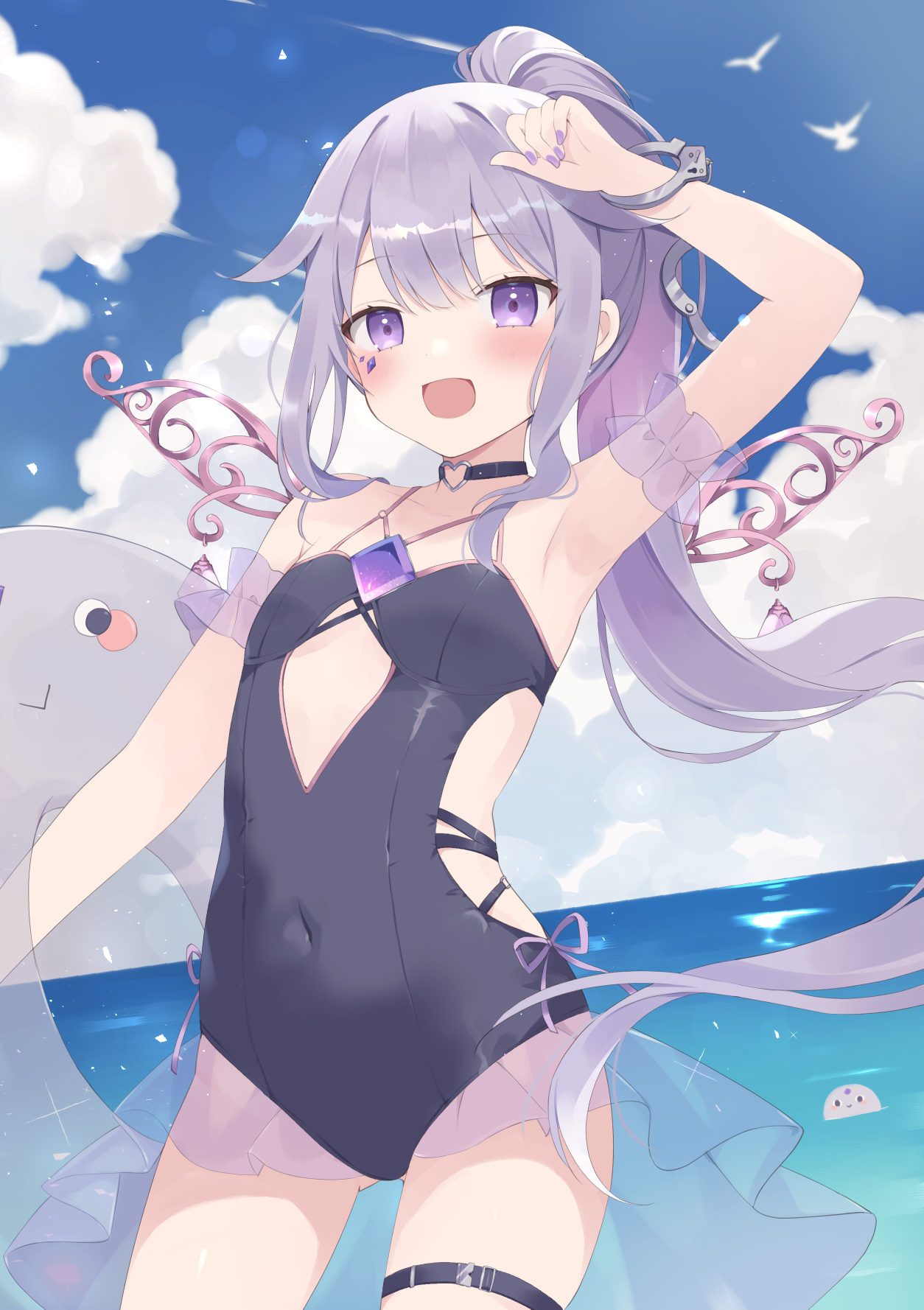 loveyuzu, koseki bijou, koseki bijou (holonatsu paradise), pebble (koseki bijou), hololive, hololive english, holonatsu paradise, highres, 1girl, arm up, bird, black choker, black one-piece swimsuit, blue sky, breasts, chest jewel, choker, cloud, cloudy sky, covered navel, day, gem, grey hair, heart, heart choker, holding, holding swim ring, innertube, jewel under eye, long hair, metal wings, official alternate costume, official alternate hairstyle, one-piece swimsuit, open mouth, outdoors, ponytail, purple eyes, purple gemstone, purple nails, single handcuff, sky, small breasts, solo, swim ring, swimsuit, thigh strap, virtual youtuber
