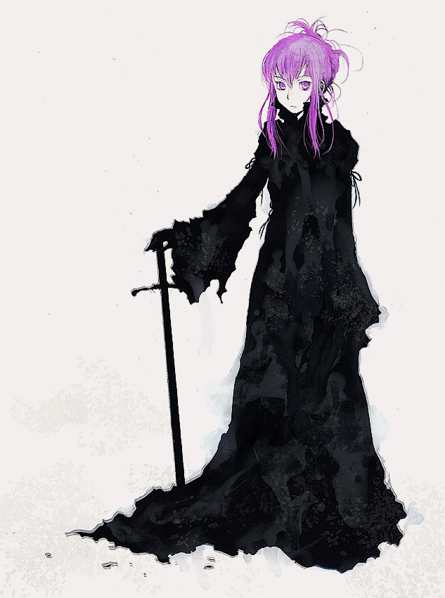 tamaoki benkyou, chikage (sister princess), sister princess, 00s, 1girl, black dress, dress, female focus, medieval, purple eyes, purple hair, solo, standing, sword, weapon