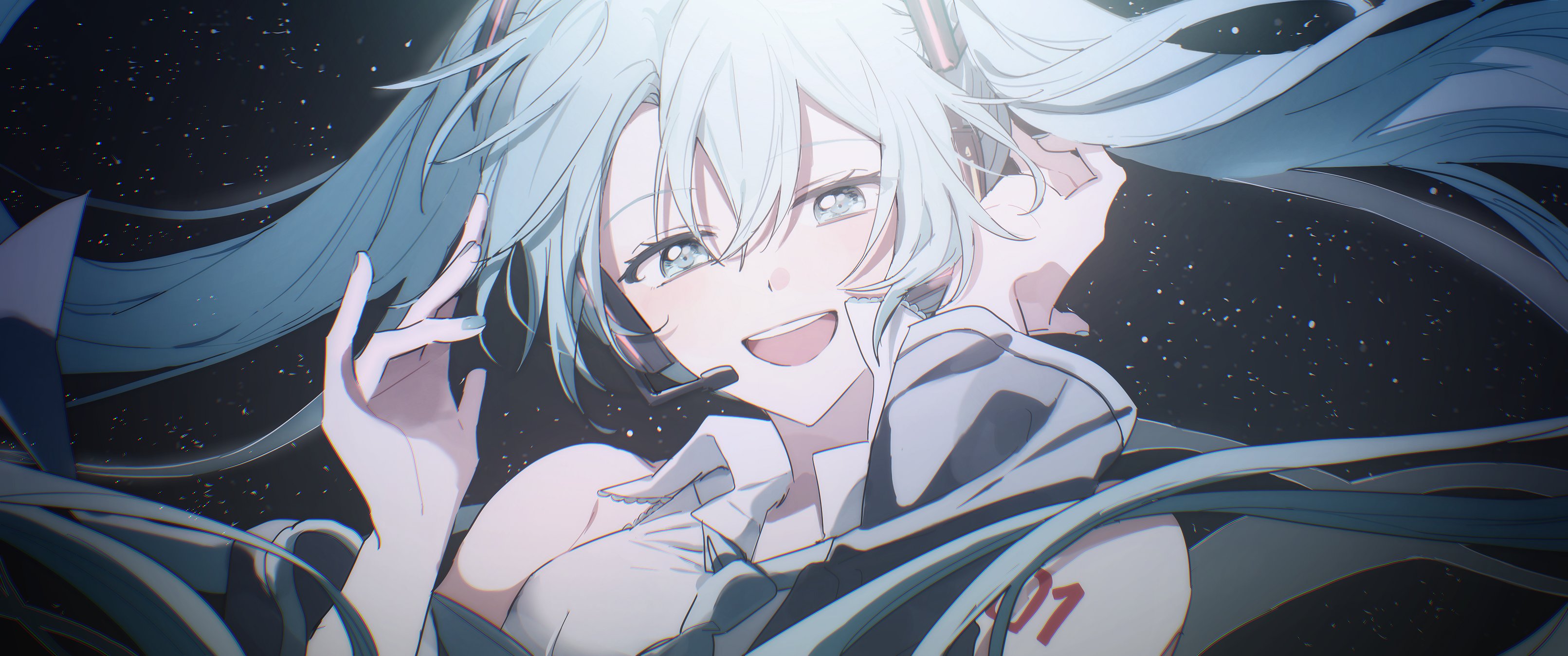 ok o o, hatsune miku, vocaloid, absurdres, highres, 1girl, aqua eyes, aqua hair, aqua nails, aqua necktie, arm up, armpits, black sleeves, blush, bright pupils, detached sleeves, grey shirt, hair between eyes, headset, long hair, looking at viewer, necktie, shirt, simple background, sleeveless, smile, solo, tattoo, twintails, upper body, white background, white pupils