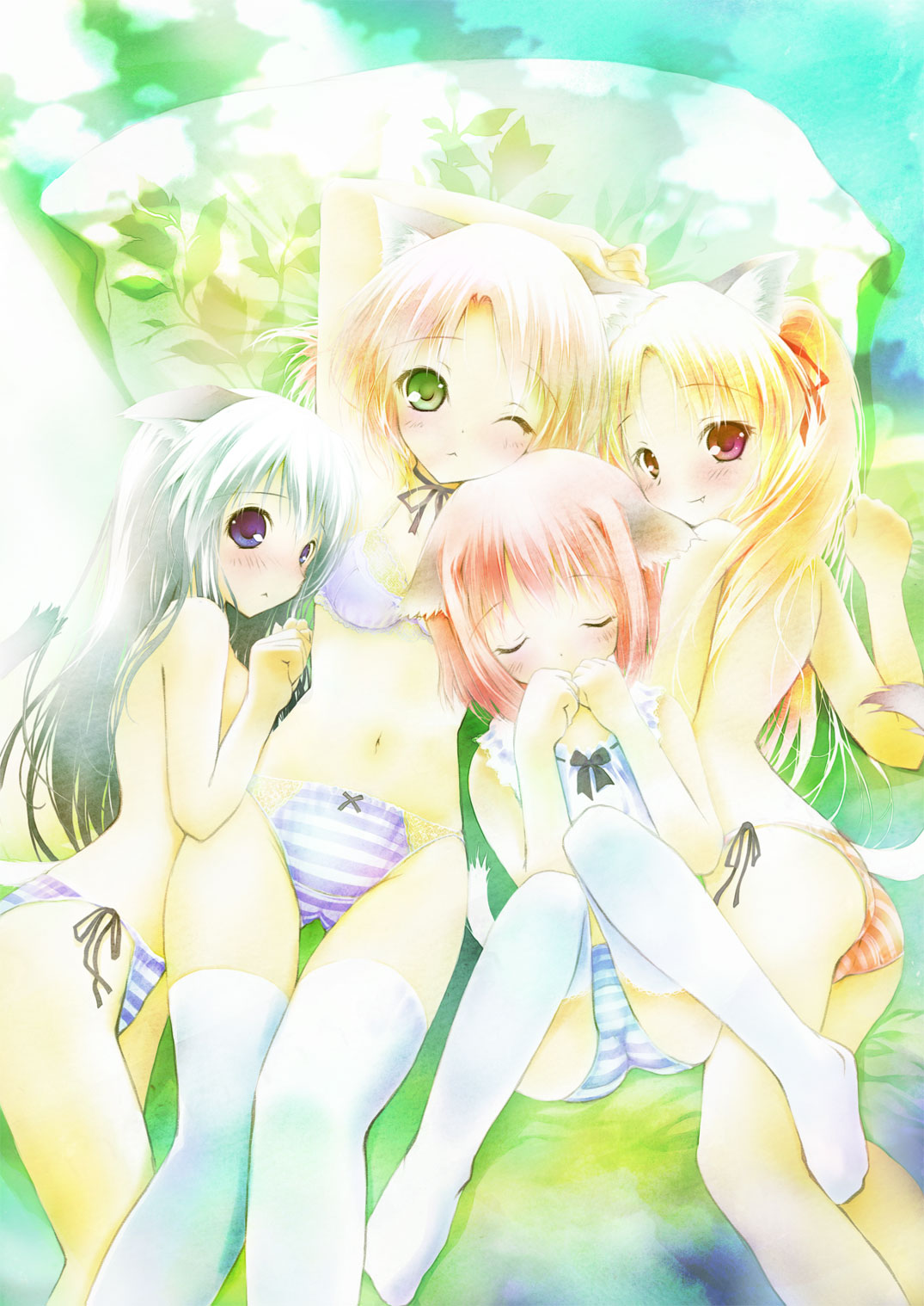 saeki touma, original, highres, 4girls, animal ears, bra, dog ears, lingerie, multiple girls, panties, striped clothes, striped panties, thighhighs, underwear, underwear only