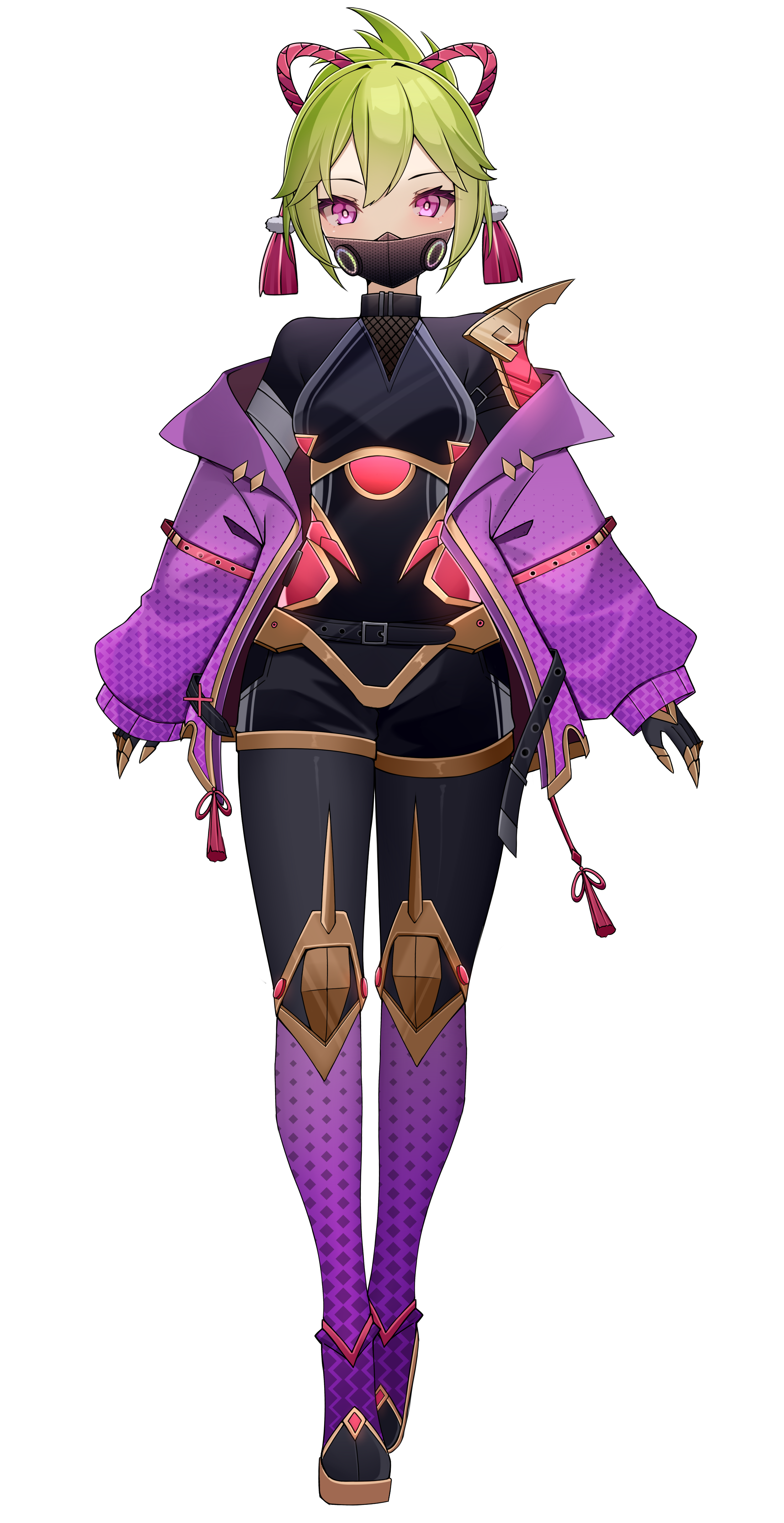 wayanfa, kuki shinobu, genshin impact, mega man (series), mega man zero (series), absurdres, commission, commissioner upload, highres, non-web source, 1girl, alternate costume, armor, belt, bodystocking, boots, breasts, chest jewel, crossover, eyelashes, fishnets, full body, gas mask, gloves, green hair, hair bun, jacket, knee armor, mask, medium hair, open clothes, open jacket, pink eyes, shorts, shoulder armor, small breasts, solo, transparent background