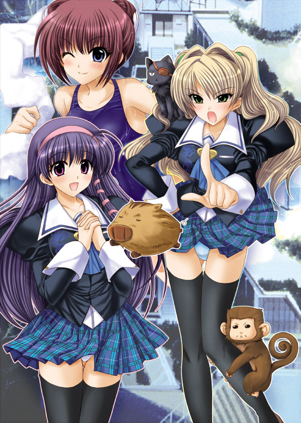 fantasy wind, shinano yura, 3girls, ahoge, angry, animal, animal on shoulder, black thighhighs, blonde hair, blue eyes, blue hair, blue panties, blush, boar, cat, clothes lift, double bun, eyepatch, green eyes, hair bun, hairband, long hair, monkey, multiple girls, one-piece swimsuit, one eye closed, open mouth, own hands clasped, own hands together, panties, pantyshot, pink eyes, pink hair, plaid clothes, plaid skirt, pointing, school swimsuit, school uniform, serafuku, short hair, skirt, skirt lift, smile, standing, swimsuit, thighhighs, towel, underwear, wet, white panties, wink, zettai ryouiki