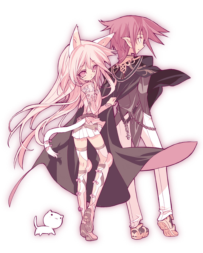 blade (galaxist), original, bad id, bad pixiv id, 1boy, 1girl, animal ears, cat, cat ears, couple, hetero, monochrome