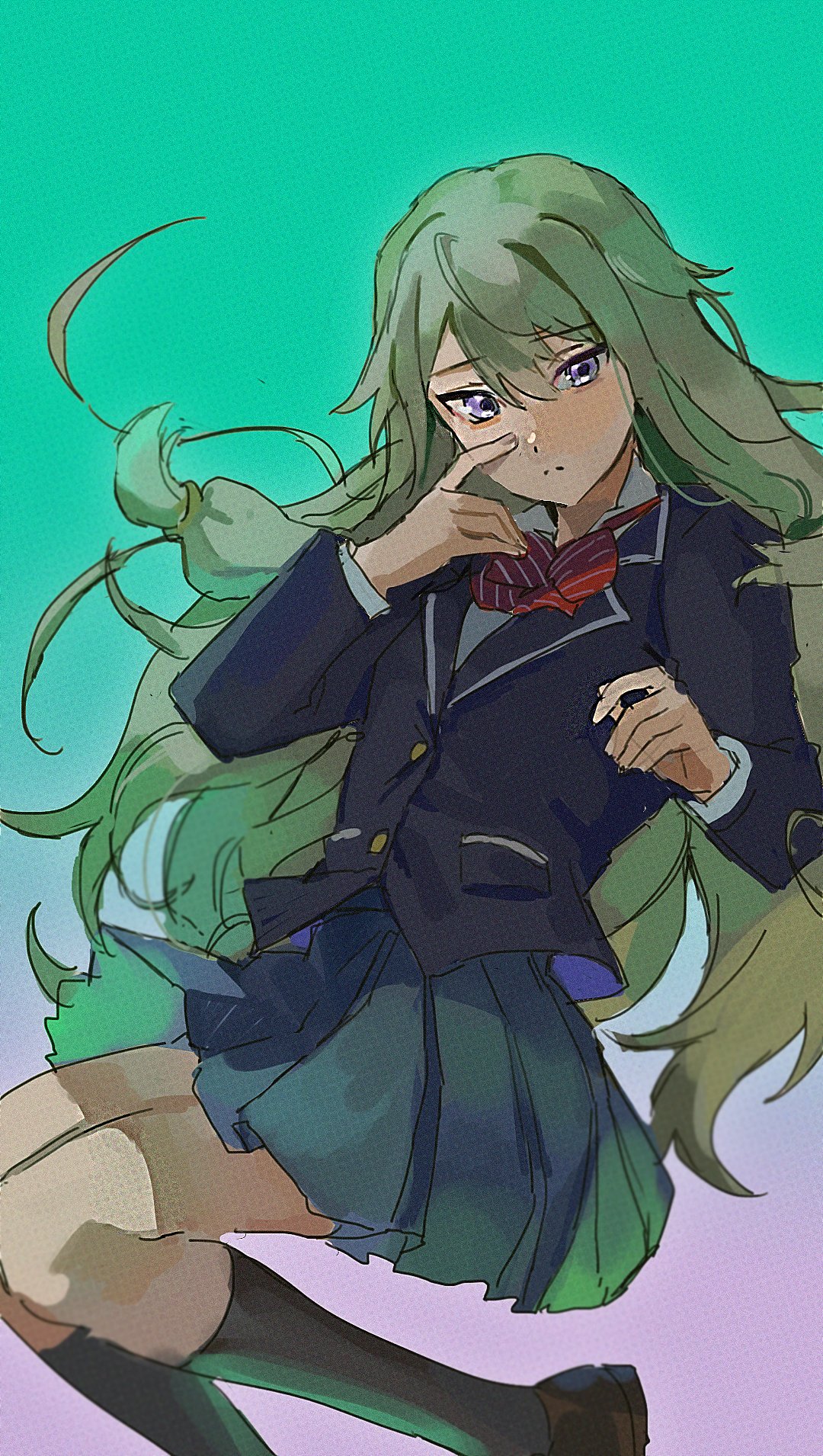kusanagi nene, project sekai, commentary request, highres, korean commentary, 1girl, 25imfine, aqua background, blazer, blonde hair, blue jacket, blue skirt, bow, bowtie, jacket, kamiyama high school uniform (project sekai), kneehighs, purple eyes, red bow, red bowtie, school uniform, skirt, socks, solo