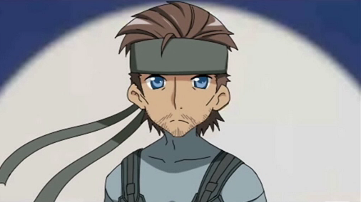 iroquois pliskin, solid snake, konami, lucky star, metal gear (series), metal gear solid, metal gear solid 2: sons of liberty, 1boy, bandana, beard, facial hair, male focus, parody, solo