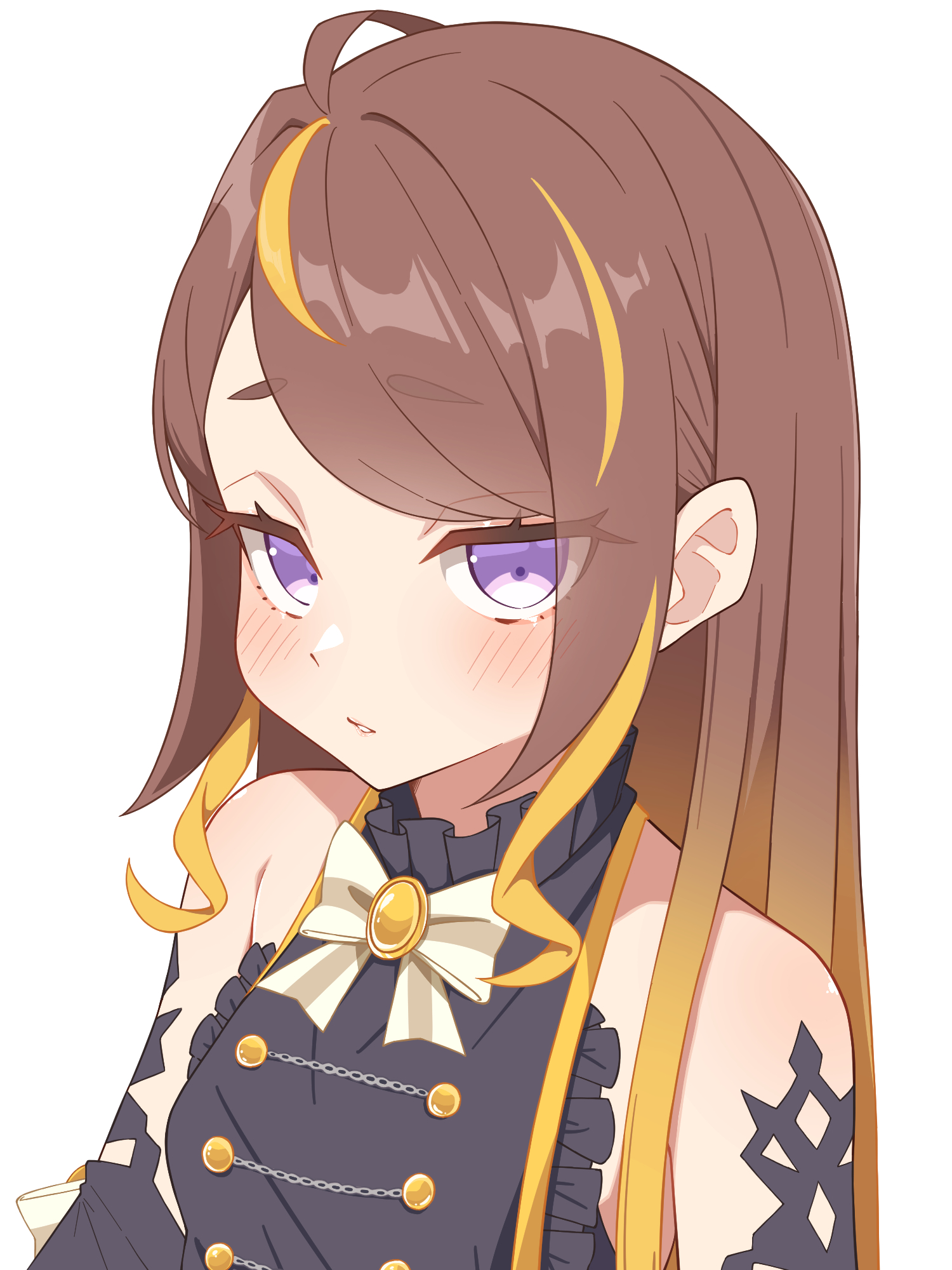 aobara hairi, anya melfissa, anya melfissa (1st costume), hololive, hololive indonesia, highres, 1girl, ahoge, alternate hairstyle, bare shoulders, blonde hair, blunt bangs, brown hair, gradient hair, light blush, long hair, looking at viewer, multicolored hair, open mouth, simple background, streaked hair, two-tone hair, upper body, white background