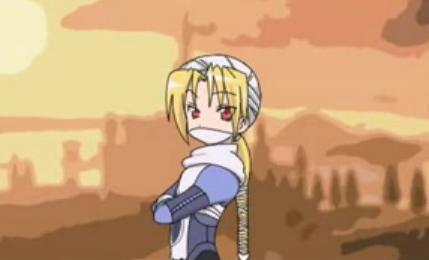 kuroi nanako, sheik, lucky star, nintendo, super smash bros., the legend of zelda, the legend of zelda: ocarina of time, lowres, 1girl, androgynous, bandages, blonde hair, braid, female focus, mask, parody, red eyes, reverse trap, solo, style parody, surcoat