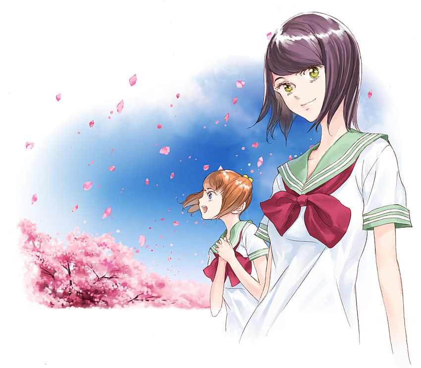 garex, original, 2girls, cherry blossoms, hands on own chest, looking at viewer, multiple girls, petals, profile, school uniform, serafuku, sky, smile, wind