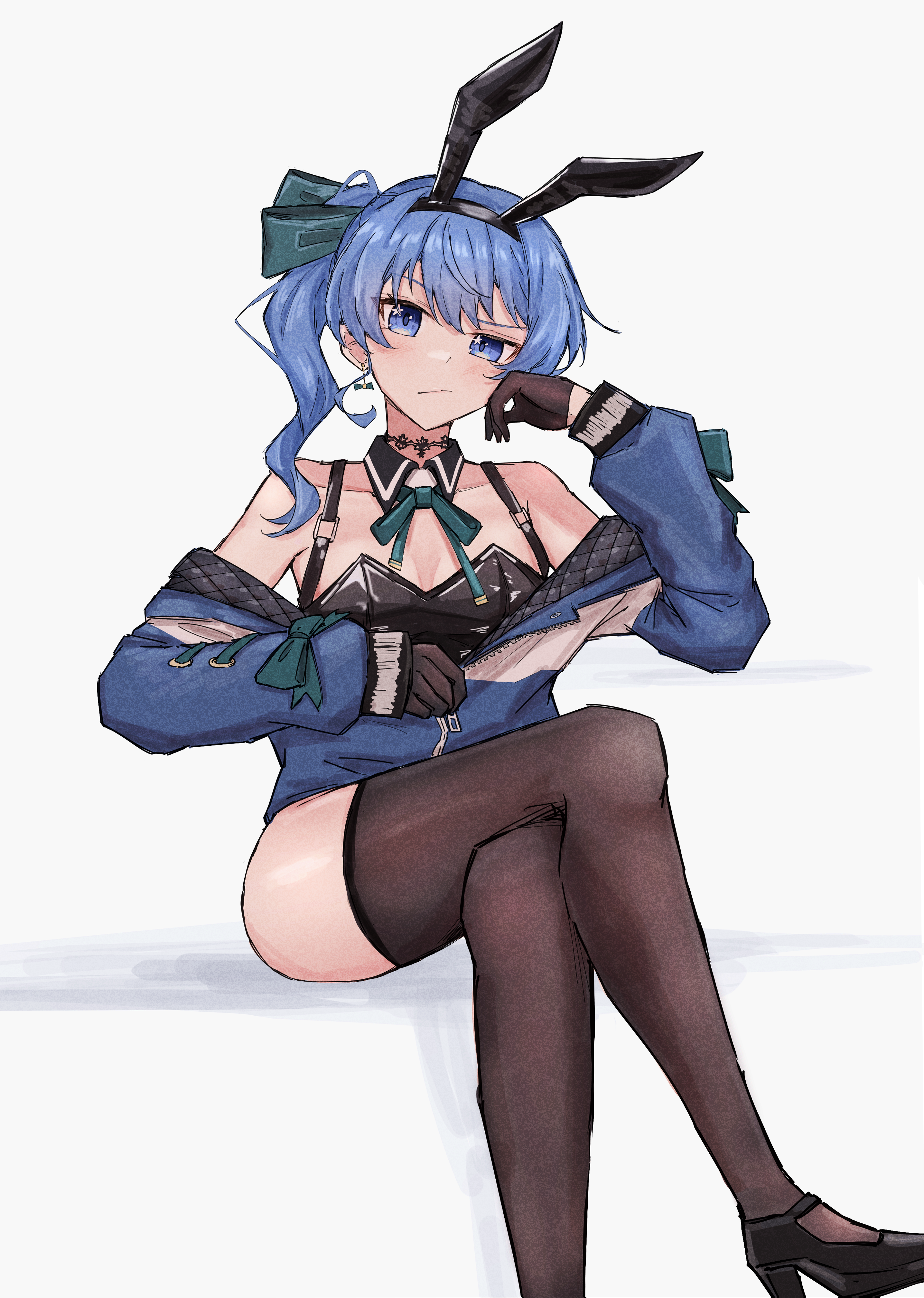 daresuku, hoshimachi suisei, hololive, absurdres, highres, 1girl, alternate costume, animal ear hairband, animal ears, black gloves, black hairband, black thighhighs, blue eyes, blue hair, blue jacket, breasts, closed mouth, crossed legs, detached collar, fake animal ears, gloves, green ribbon, hair ribbon, hairband, high heels, jacket, leotard, leotard under clothes, looking at viewer, neck ribbon, playboy bunny, rabbit ear hairband, rabbit ears, ribbon, side ponytail, simple background, sitting, small breasts, solo, star-shaped pupils, star (symbol), symbol-shaped pupils, thighhighs, virtual youtuber, white background