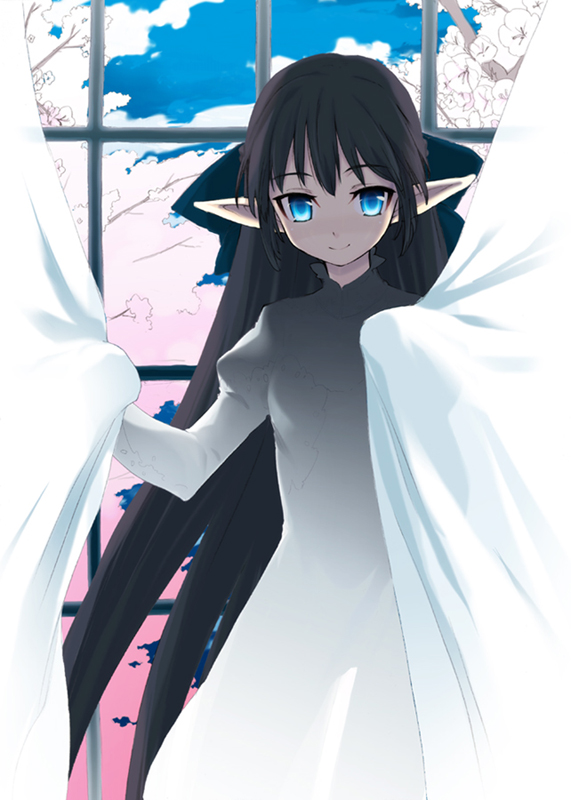 kusano houki, original, 1girl, black hair, blue eyes, brown hair, cloud, curtains, dress, female focus, long hair, pointy ears, sky, smile, solo, tree, very long hair, window