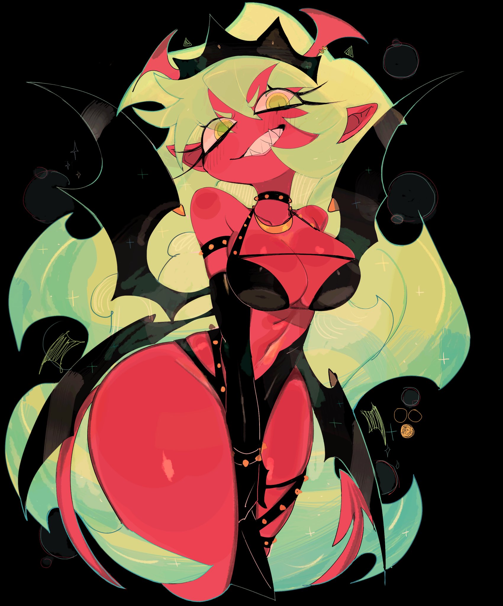 usa37107692, scanty (psg), panty & stocking with garterbelt, highres, 1girl, black background, black choker, bracelet, breasts, choker, cleavage, collar, colored skin, demon girl, demon horns, fang, gloves, green eyes, green hair, horns, jewelry, large breasts, long hair, looking at viewer, medium breasts, red skin, simple background, smile, solo, spiked bracelet, spiked collar, spikes, standing, studded armlet, thick thighs, thighs, very long hair, wings, yellow eyes