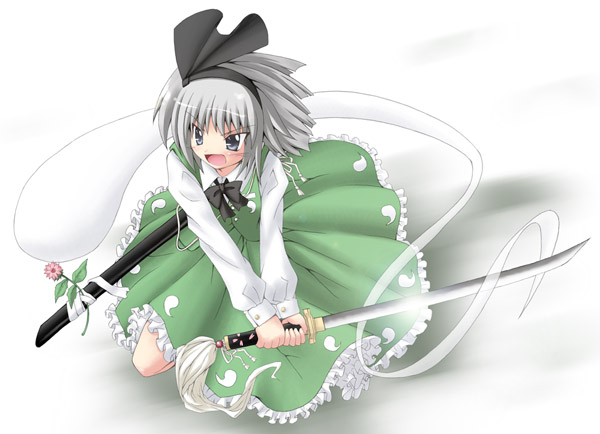 iseki mitsuharu, konpaku youmu, konpaku youmu (ghost), touhou, 1girl, female focus, hitodama, katana, solo, sword, weapon