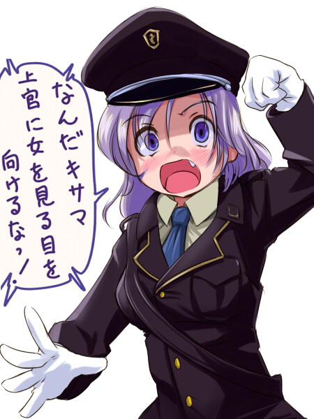st+1, original, translated, blue eyes, blush, fang, gloves, hat, military, military dress uniform, military uniform, necktie, peaked cap, purple hair, solo