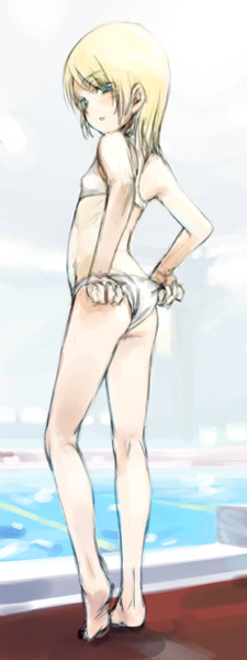 haimura kiyotaka, original, 1girl, barefoot, bikini, feet, female focus, flat chest, loli, soles, solo, swimsuit, wedgie