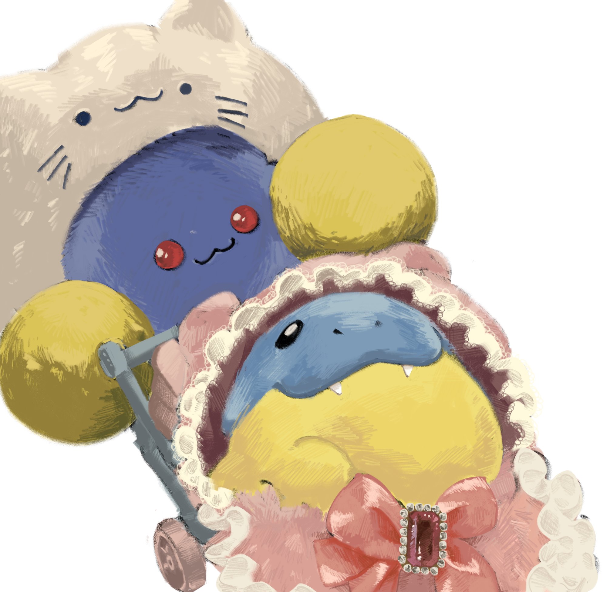 pr quote, jumpluff, spheal, nintendo, pokemon, commentary, derivative work, english commentary, highres, photo-referenced, :3, black eyes, bow, closed mouth, fangs, gen 2 pokemon, gen 3 pokemon, no humans, nostrils, pink bow, pokemon (creature), pokemon focus, red eyes, seal (animal), stroller, white background