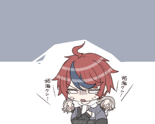 chiyo408, aotsuki eito, sumino takumi, the hundred line -last defense academy-, lowres, translated, 3boys, ahoge, black hair, black jacket, chibi, drawstring, grey hair, grey jacket, hand on own chest, hood, hood down, hoodie, jacket, jacket over hoodie, long sleeves, male focus, mini person, miniboy, multicolored hair, multicolored jacket, multiple boys, open clothes, open jacket, open mouth, red hair, short hair, smile, streaked hair, two-tone hair, two-tone jacket, white hoodie