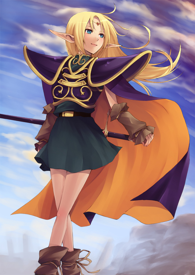 hijiki (hijikini), hijikini, deedlit, record of lodoss war, 1girl, arm warmers, armor, blonde hair, blue eyes, cape, detached sleeves, elf, female focus, long hair, pointy ears, shoulder pads, skirt, solo, sword, weapon
