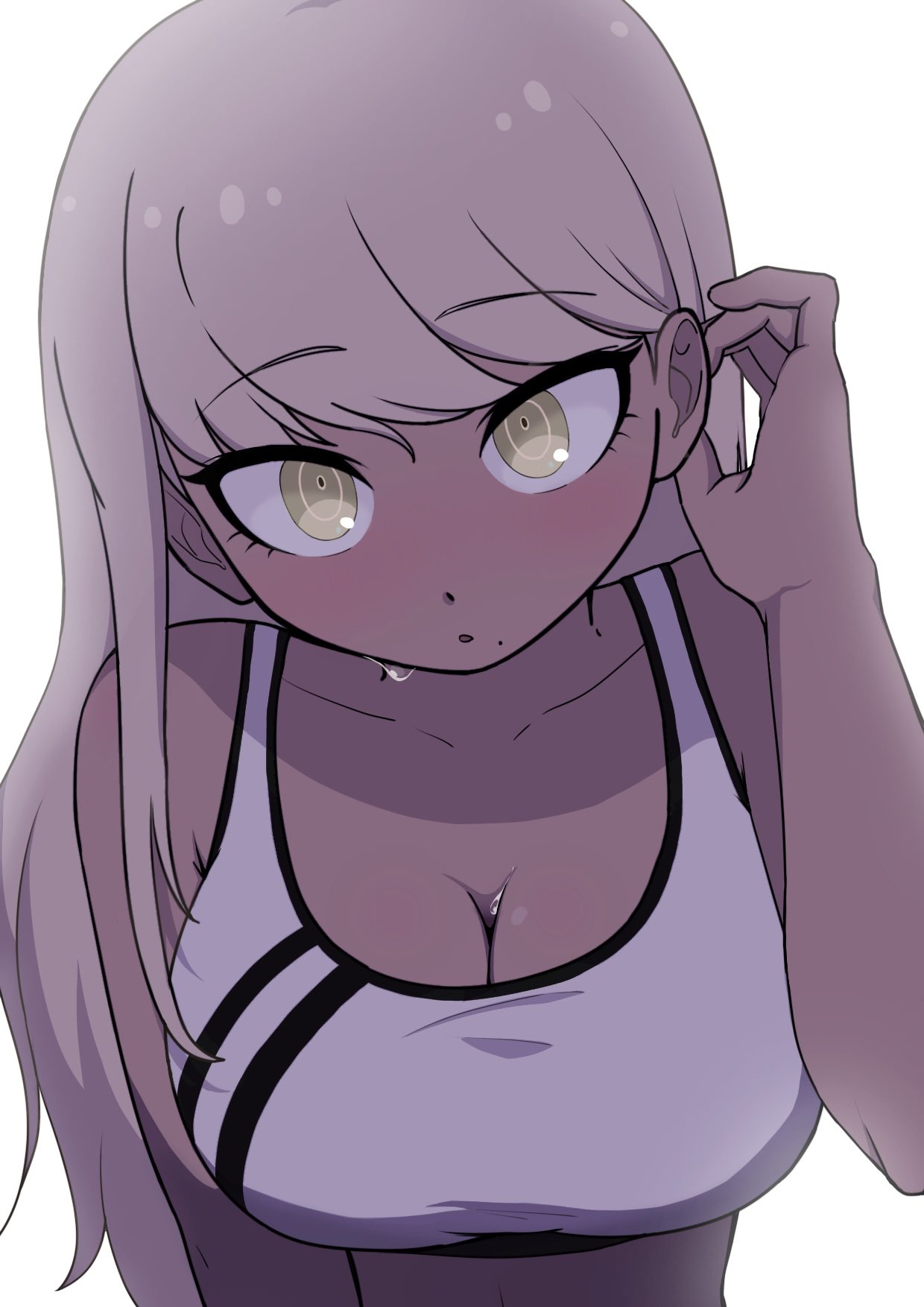 kawana tsubasa, the hundred line -last defense academy-, highres, 1girl, :o, bikini, breasts, cleavage, dark-skinned female, dark skin, green eyes, grey hair, large breasts, long hair, looking at viewer, mole, mole under mouth, nogomao835, official alternate costume, official alternate hairstyle, simple background, solo, swimsuit, wet, white background, white bikini