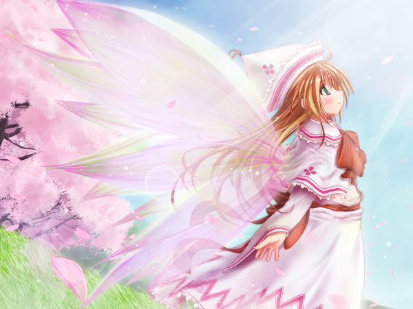 scarlet (studioscr), lily white, touhou, duplicate, 1girl, blonde hair, bow, bowtie, cherry blossoms, day, dress, fairy, fairy wings, female focus, hat, light rays, long sleeves, looking afar, looking up, outdoors, petals, red bow, red bowtie, solo, standing, sunlight, tate eboshi, white dress, wind, wings