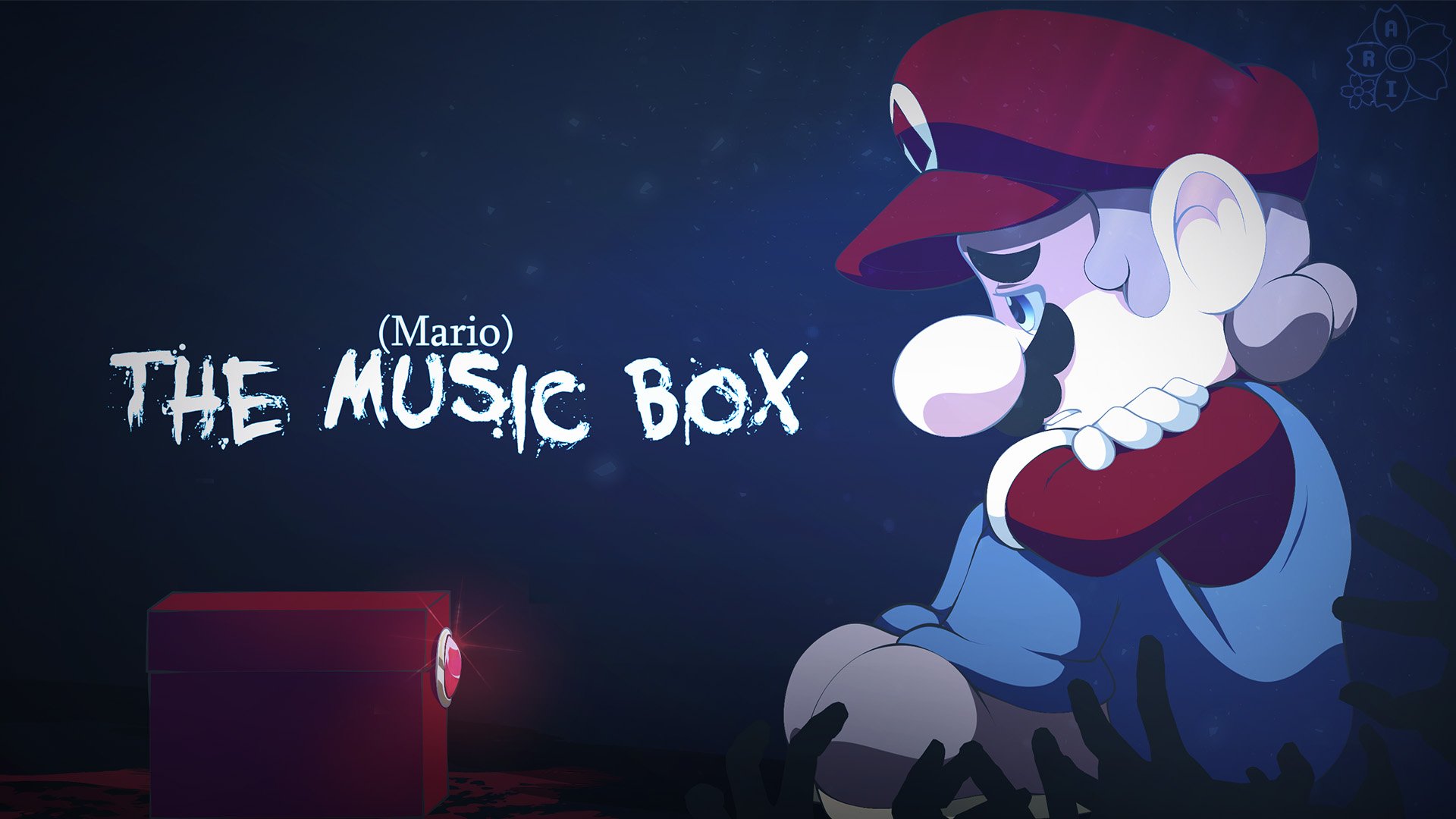 mario, commentary, english commentary, highres, 1boy, artist name, big nose, blue eyes, blue overalls, character name, corpsesyndrome, facial hair, from side, full body, gloves, hat, mario the music box, music box, mustache, on ground, overalls, red hat, red shirt, shirt, sitting, solo, white gloves