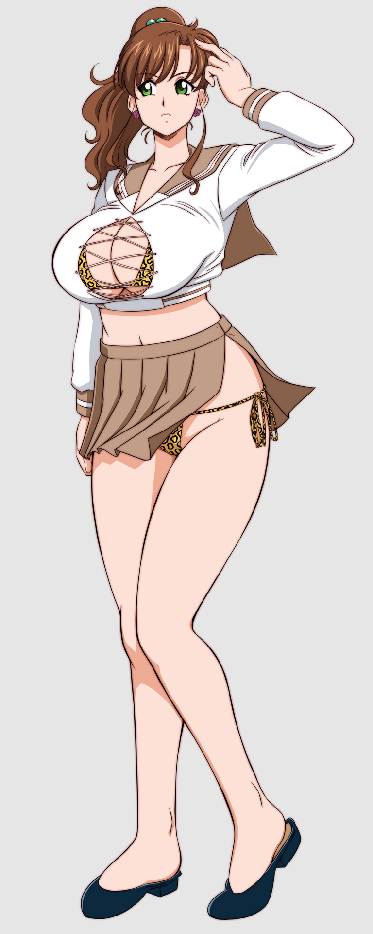 lento (glamour works), kino makoto, bishoujo senshi sailor moon, highres, bikini, bikini under clothes, breasts, brown hair, brown sailor collar, brown skirt, cleavage, clothes lift, collarbone, corruption, cross-laced clothes, dark persona, earrings, flower earrings, green eyes, gyaru, jewelry, kino makoto's school uniform, large breasts, leopard print bikini, long hair, long sleeves, midriff, miniskirt, navel, pleated skirt, ponytail, sailor collar, school uniform, side-tie bikini bottom, skirt, skirt lift, swimsuit, thick thighs, thighs