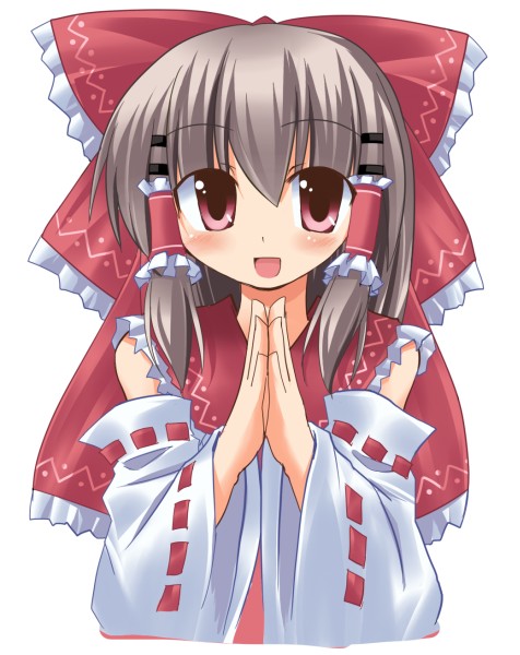 hoshi umi, hakurei reimu, perfect cherry blossom, touhou, 1girl, :d, bare shoulders, brown eyes, brown hair, detached sleeves, female focus, hair tubes, long sleeves, looking at viewer, open mouth, own hands together, ribbon-trimmed sleeves, ribbon trim, sidelocks, smile, solo, vest