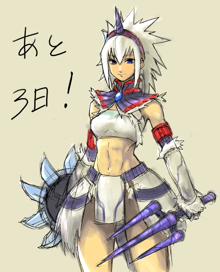tetsu (kimuchi), capcom, monster hunter (series), 1girl, blue eyes, female focus, hairband, horns, kirin (armor), loincloth, shield, single horn, sketch, solo, sword, weapon