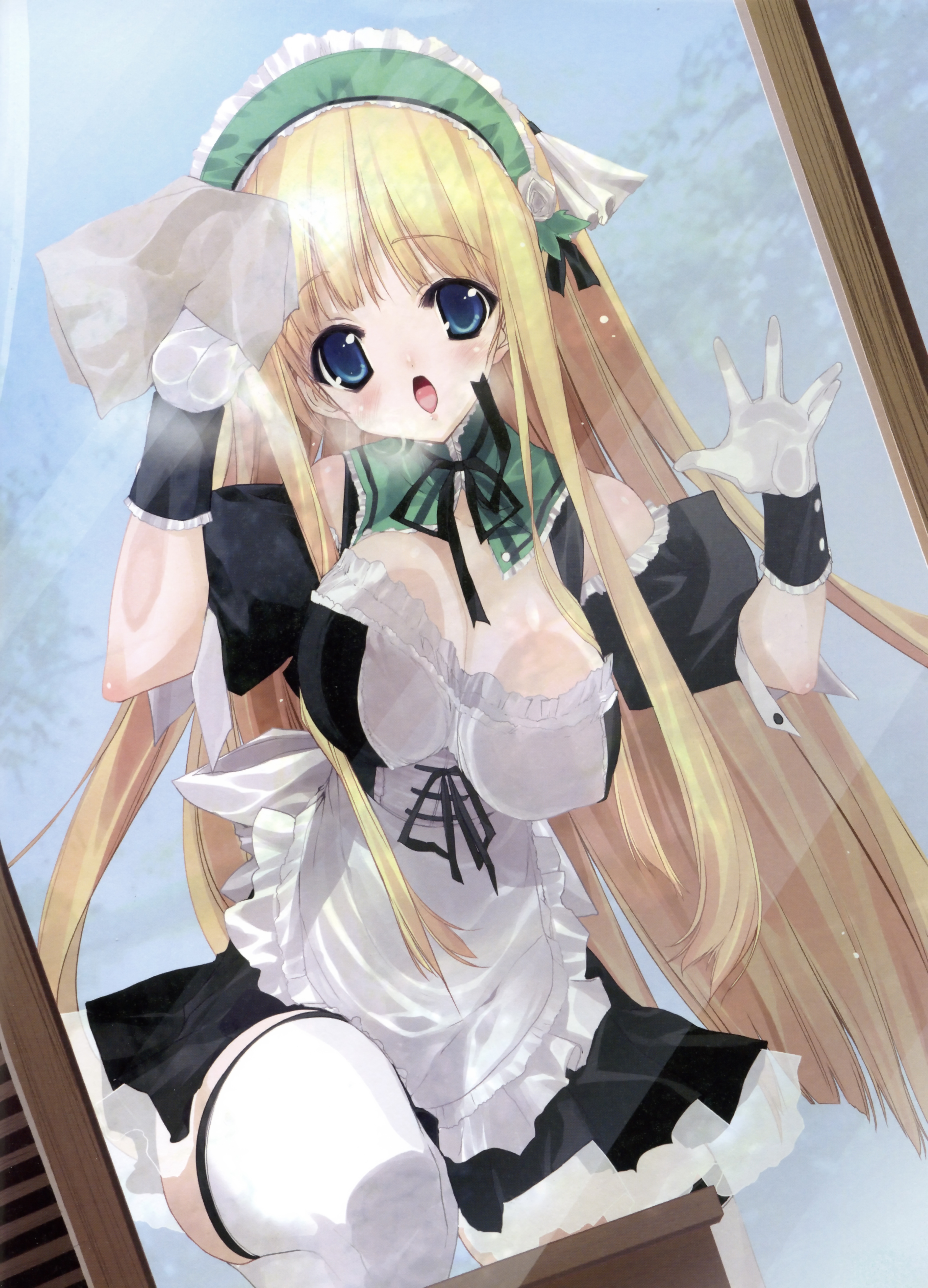 urotan, absurdres, highres, non-web source, 1girl, against glass, blonde hair, bonnet, breast press, breasts, breasts on glass, cleavage, female focus, gloves, large breasts, long hair, maid, ribbon, solo, thighhighs