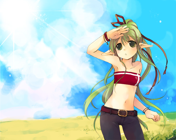 misaki kozue, 1girl, bandeau, bare shoulders, belt, cloud, day, denim, female focus, green eyes, green hair, jeans, matching hair/eyes, midriff, pants, pointy ears, ponytail, sky, solo, strapless, tube top
