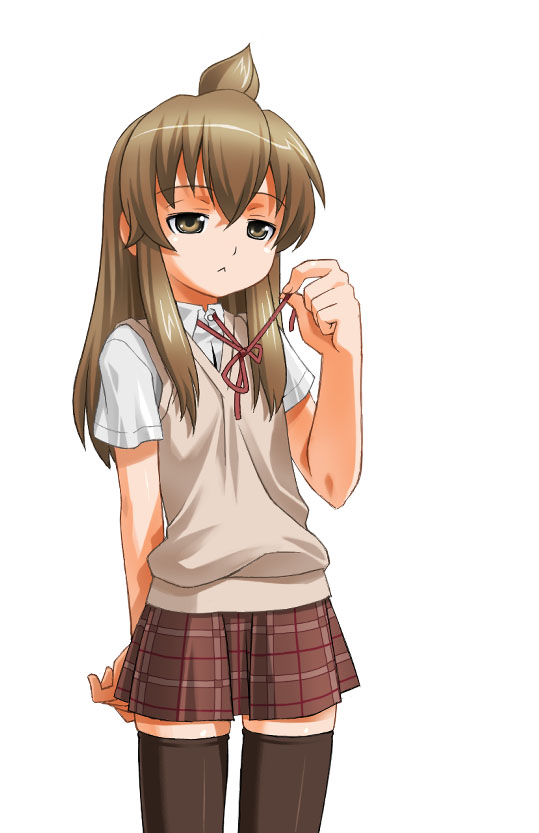 umekichi, minami chiaki, minami-ke, 00s, :<, ahoge, brown eyes, brown hair, school uniform, serafuku, solo, sweater vest, thighhighs, vest, zettai ryouiki