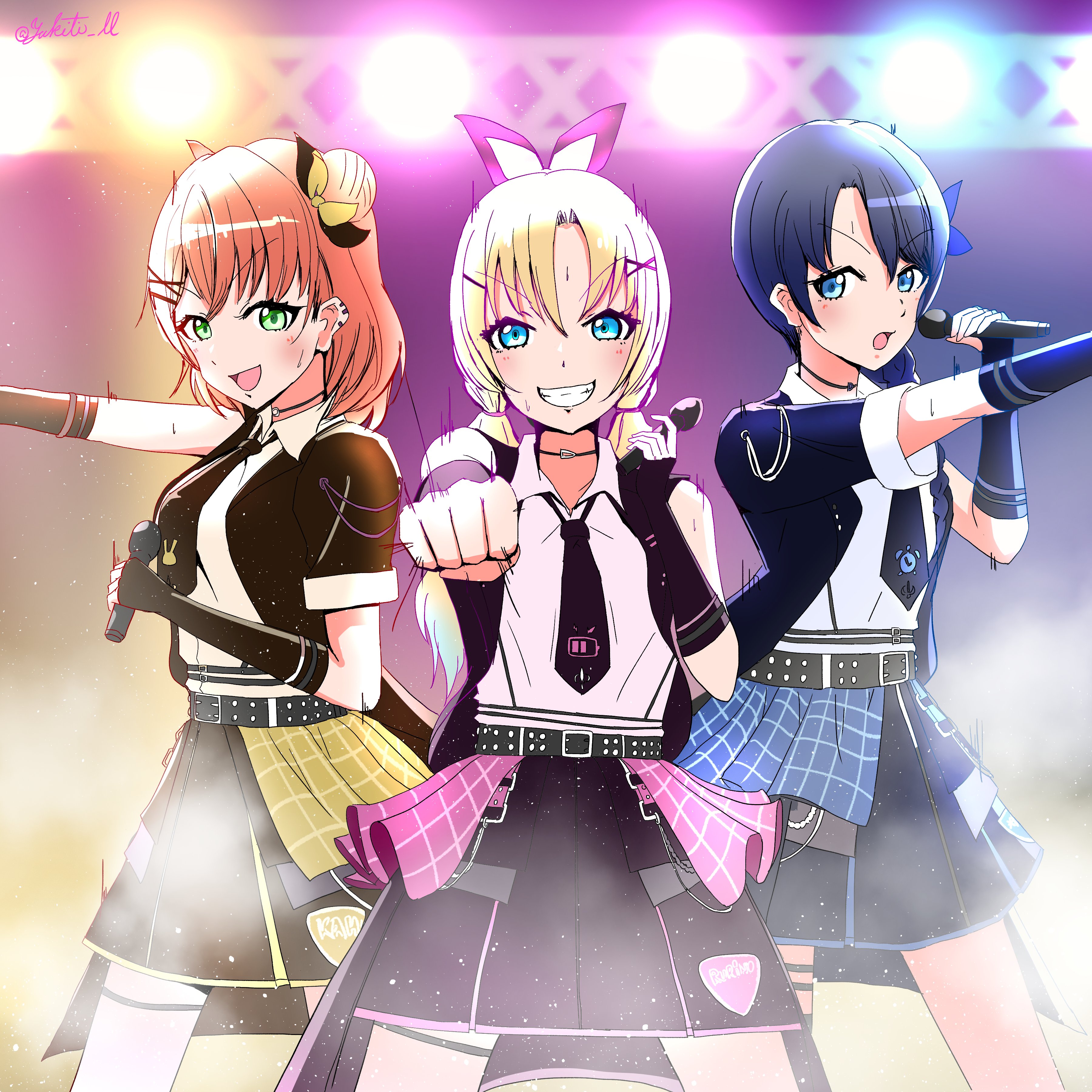 yukiti ll, hinoshita kaho, murano sayaka, osawa rurino, link! like! love live!, love live!, absurdres, commentary, highres, 3girls, :d, black jacket, black necktie, black skirt, blue eyes, blue hair, collared shirt, cowboy shot, double bun, green eyes, grin, hair bun, hair ornament, hasu no sanrenka, i do me! (love live!), jacket, long hair, low twintails, miniskirt, multiple girls, necktie, official alternate costume, open clothes, open jacket, open mouth, orange hair, parted bangs, pleated skirt, shirt, short-sleeved jacket, short sleeves, single sleeve, skirt, sleeveless, sleeveless jacket, sleeveless shirt, smile, sweat, twintails, twitter username, v-shaped eyebrows, virtual youtuber, white shirt, x hair ornament