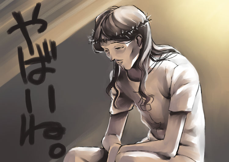 tanaka shoutarou, jesus, jesus christ, saint onii-san, translated, 10s, 1boy, gradient background, male focus, sepia, solo
