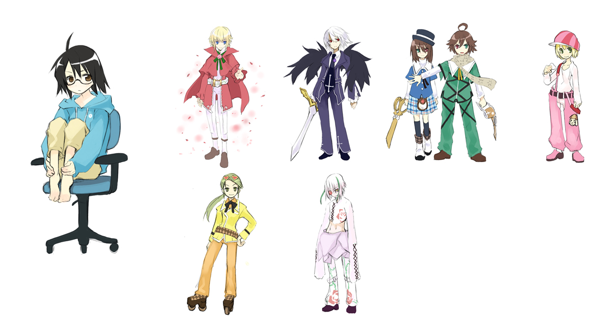 ushiki yoshitaka, hinaichigo, kanaria, kirakishou, sakurada jun, shinku, souseiseki, suigintou, suiseiseki, rozen maiden, 00s, 1girl, 6+boys, barefoot, blonde hair, chair, feet on chair, genderswap, genderswap (ftm), genderswap (mtf), glasses, hugging own legs, multiple boys, office chair, simple background, swivel chair, white background