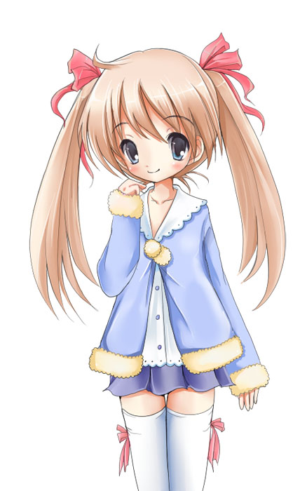 original, 1girl, blue skirt, brown hair, clenched hand, collarbone, cowboy shot, female focus, green eyes, long sleeves, looking at viewer, miniskirt, pleated skirt, simple background, skirt, solo, standing, thighhighs, twintails, white background, white thighhighs, zettai ryouiki