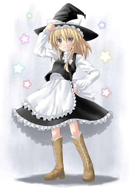 iseki mitsuharu, kirisame marisa, touhou, 1girl, apron, arm up, blonde hair, boots, braid, brown boots, female focus, full body, hat, knee boots, long sleeves, looking at viewer, single braid, solo, standing, star (symbol), thighhighs, waist apron, witch hat, zettai ryouiki